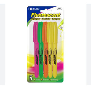 Pen Style Fluorescent Highlighter Asst Color w/ Pocket Clip (5/Pack)
