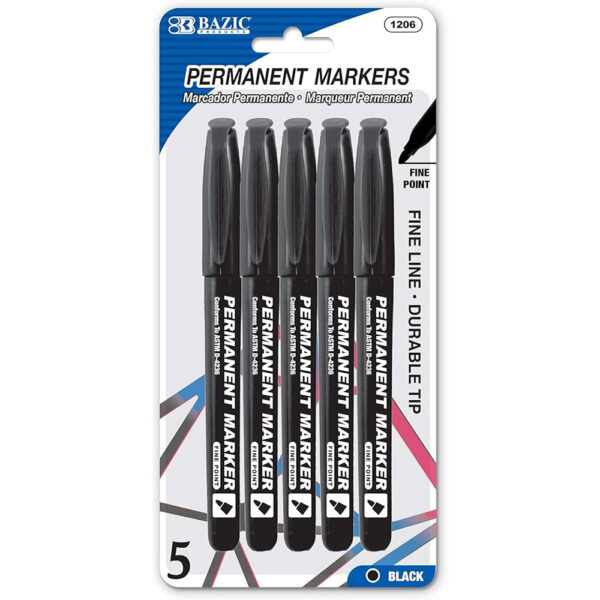 BAZIC Black Fine Tip Permanent Markers w/Pocket Clip (5/Pack)